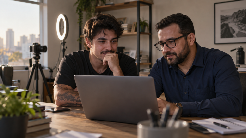 Criador de conteúdo e contador analisam juntos um notebook em escritório com ring light e câmera ao fundo