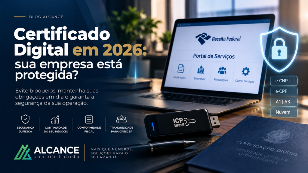 Notebook com o portal de serviços da Receita Federal e token de certificado digital sobre a mesa