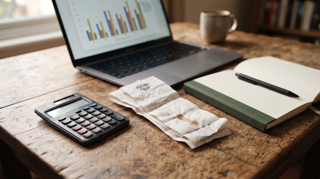 Notebook com gráfico de vendas, calculadora, recibos amassados e caderno de capa verde sobre mesa de madeira