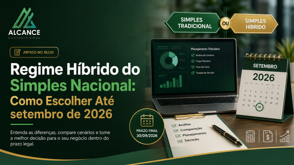Notebook com comparação entre Simples tradicional e híbrido e calendário marcando setembro de 2026