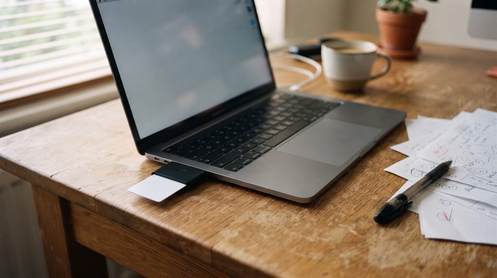 Token de certificado digital conectado a um notebook em uma mesa de escritório