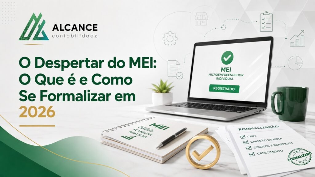 Notebook com tela de formalização do MEI, cadernos e caneca verde sobre mesa de escritório
