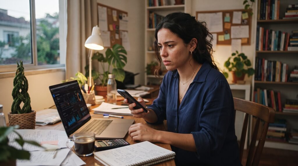 Empreendedora digital preocupada confere vendas no celular e no notebook, com anotações e calculadora na mesa