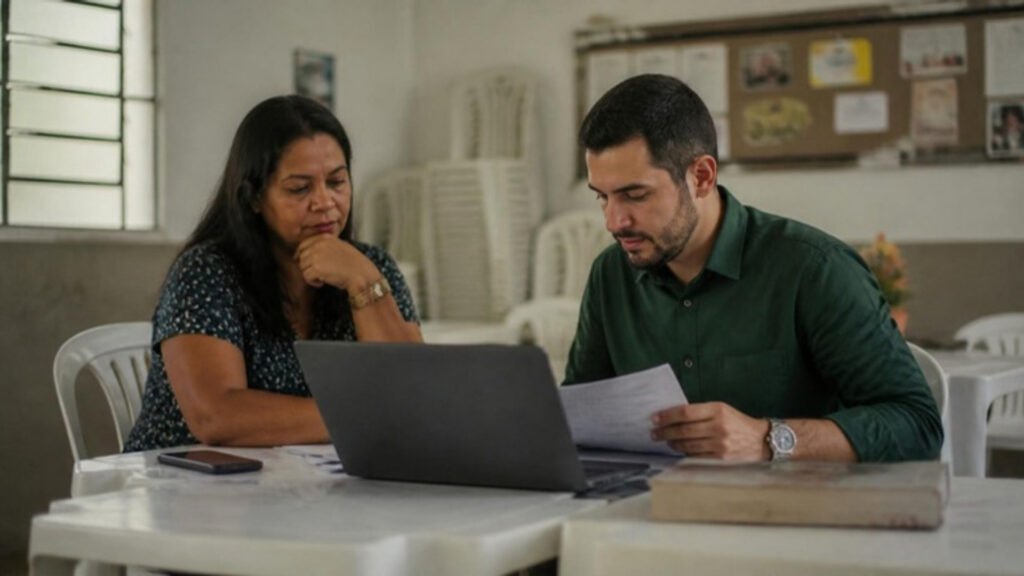 Pastora e contador revisam documentos e o notebook juntos em uma sala simples da igreja