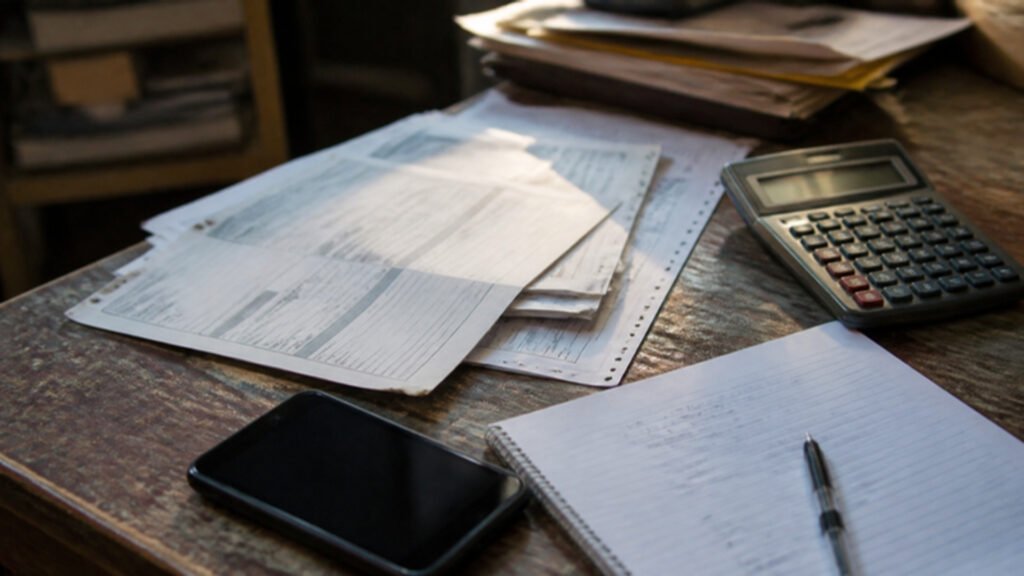 Mesa com guias de DAS impressas, calculadora, celular e caderno de anotações de um pequeno negócio