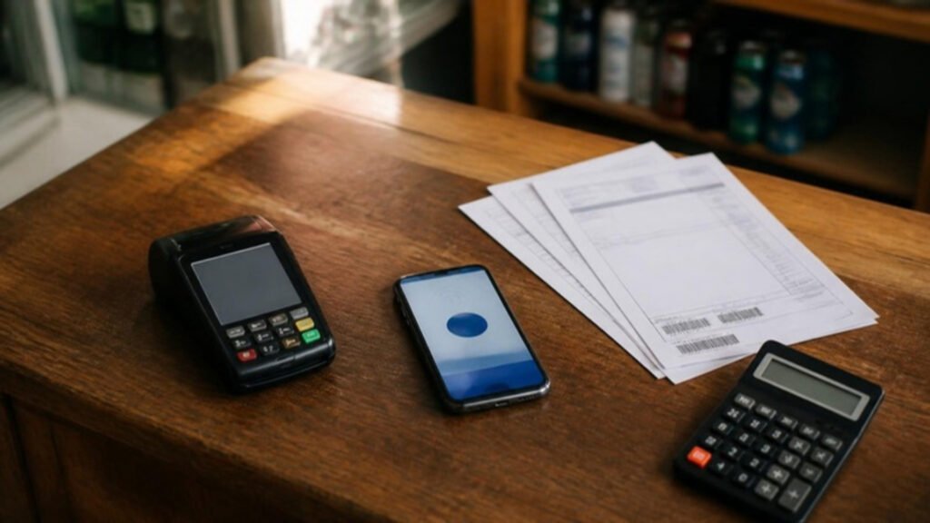 Maquininha de cartão, celular com tela de pagamento, boletos impressos e calculadora sobre o balcão de uma loja