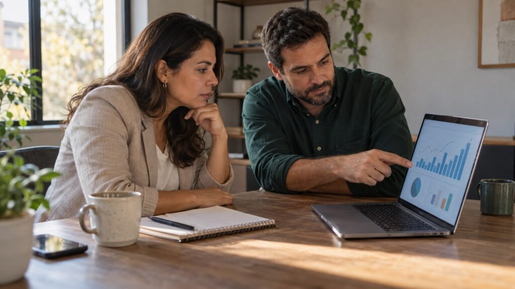Empresária e contador analisam juntos gráficos de fluxo de caixa na tela do notebook